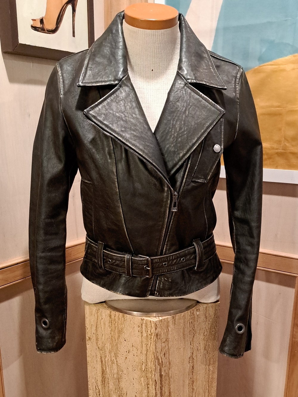 Belstaff Black Leather Asymmetric Moto Jacket with Belt 38 US S